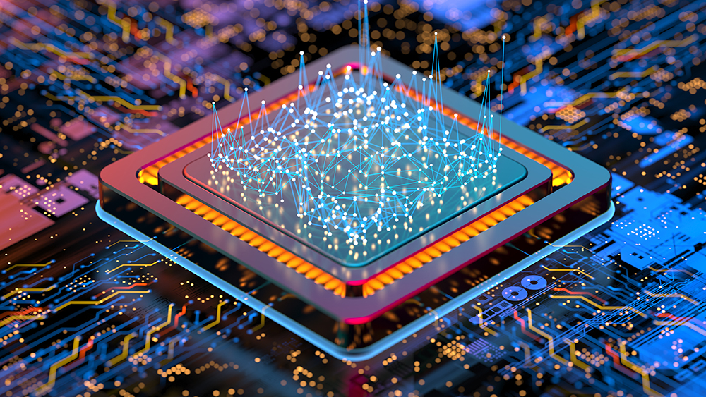 Computer processor chip with abstract lines and dots connected