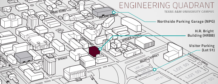 Map of Engineering Quadrant showing Northside Parking Garage, H.R. Bright Building and Visitor Parking lot (lot 51).