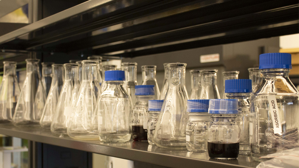 Vials on display on a shelf