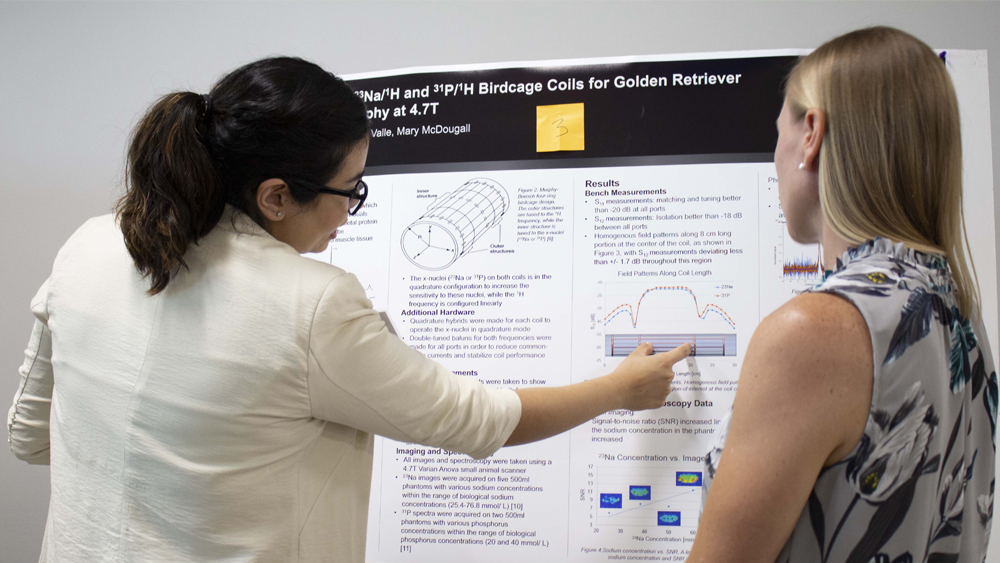 Student indicates point on presentation to share with onlooker