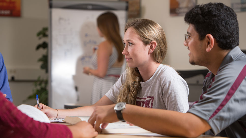 Students engaged with an academic advisor.