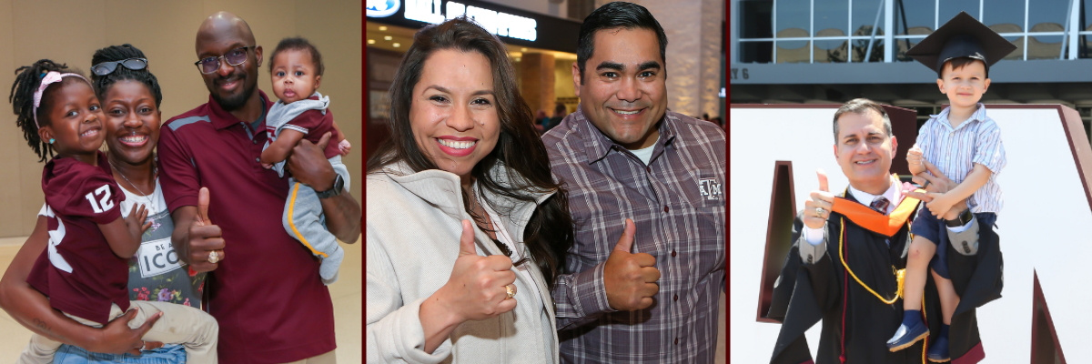 Three photographs combined, In the first one there is a family, the parents are standing holding their two children. The second image shows a couple standing with their thumbs up and smiling. The final one shows a man standing outside kyle field wearing his PhD cap and gown and holding a child. 