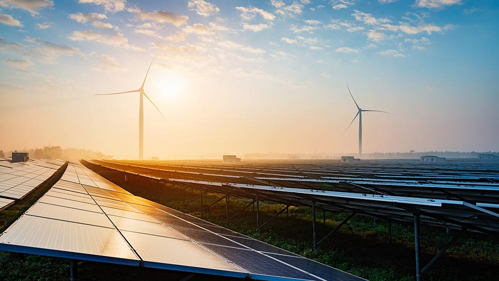 Windmills and solar panels at sunset.