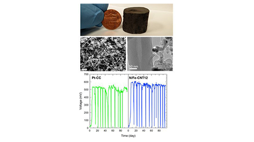 A penny coin used as size comparison to a substance, along with graphs and microscope close-up