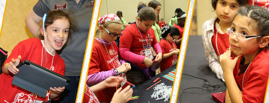 Three photos of young girls participating in DiscoverE Girl Day activities.