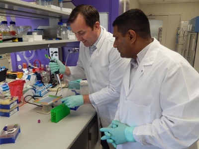 Dr. Abhishek Jain from Texas A&amp;M University and Dr. Jonathan Flanagan from Texas Children’s Hospital and Baylor College of Medicine collaborate in the lab in Houston.