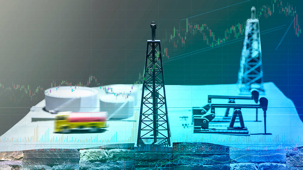 Graphic showing shale gas extraction and a stock market ticker