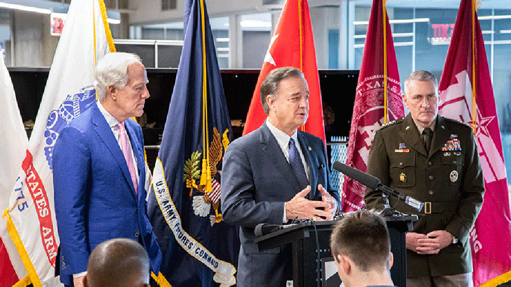 Senator John Cornyn, Chancellor John Sharp and General Murray at Army Futures Command press conference.