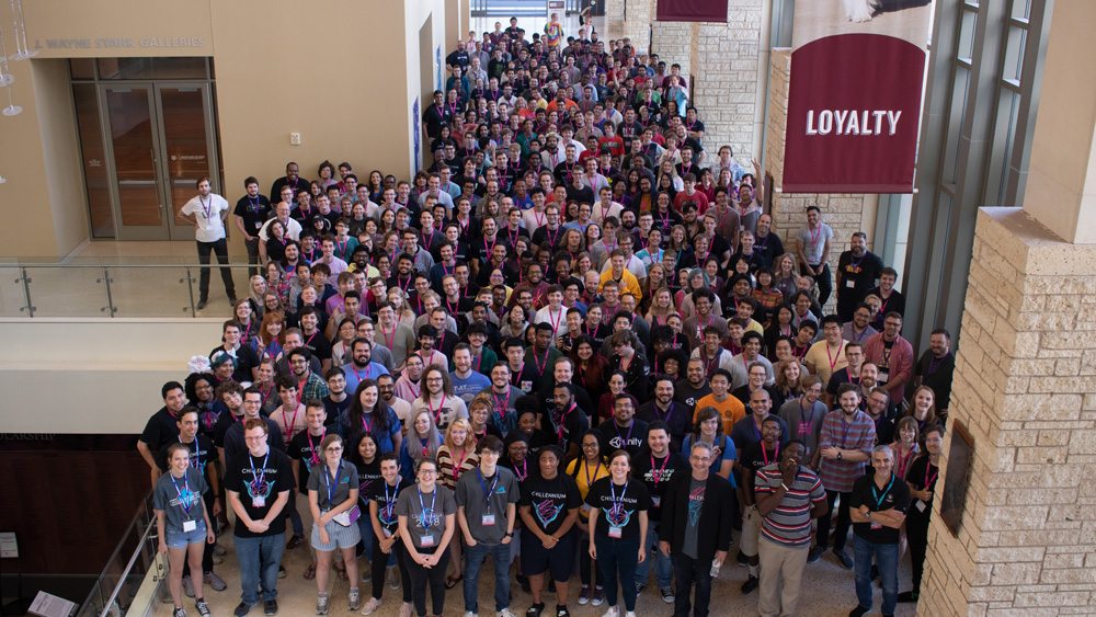 Overhead group shot of Chillennium 2019 participants, a game design competition. 