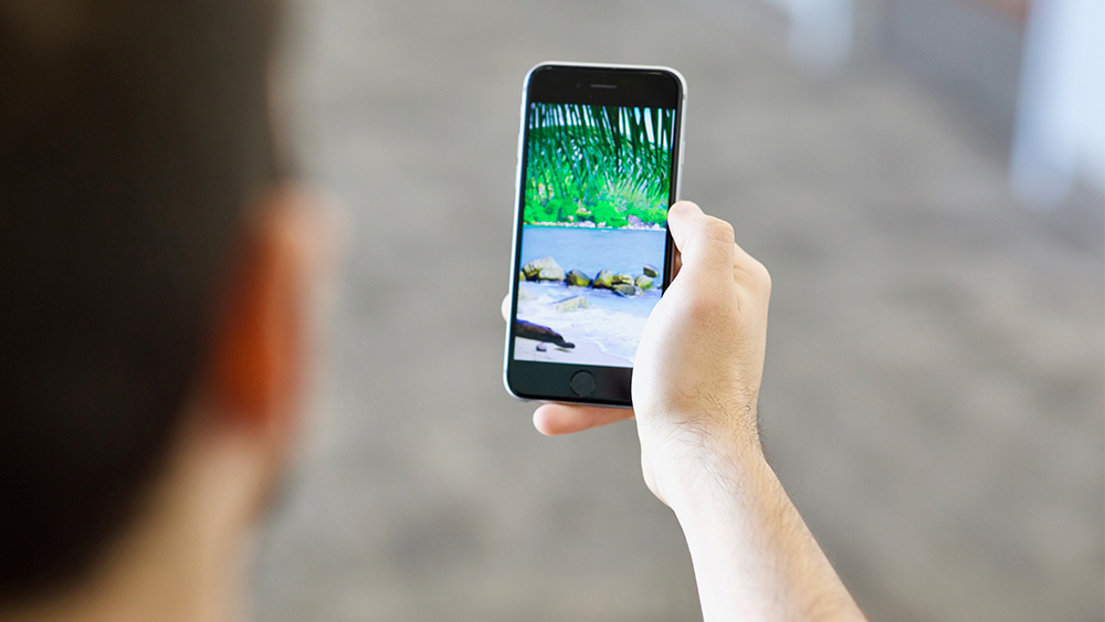 Student holds a smartphone while doing a meditation exercise through a mental health app. 