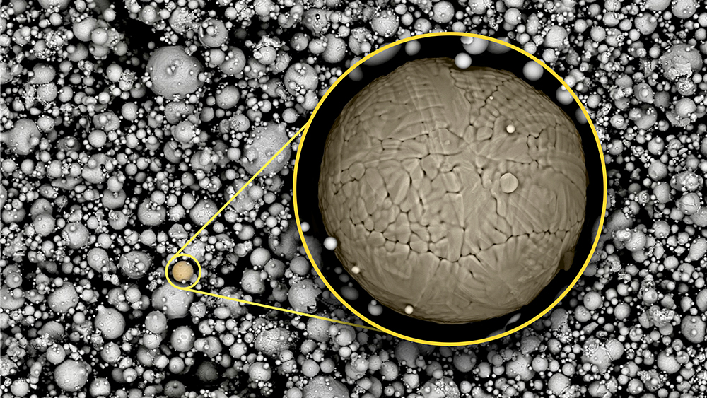 Martensite steel powder used for 3D printing. Inset shows a zoomed-in view of the steel powder.