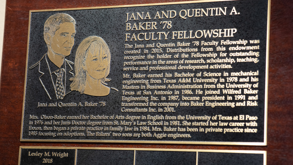 Jana and Quentin A. Baker Faculty Fellowship plaque 