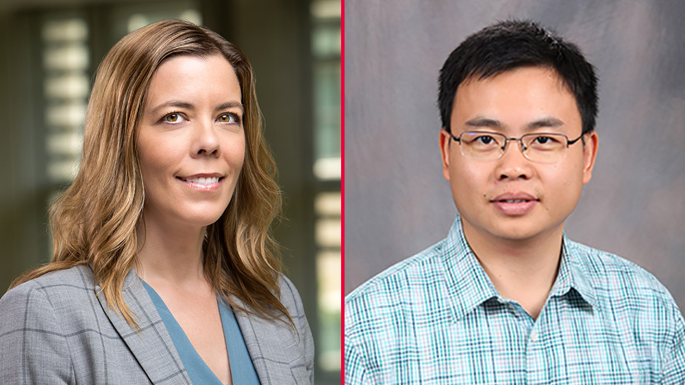 Dr.  Melissa Grunlan and Dr. Le Xie photos with the college of engineering logo