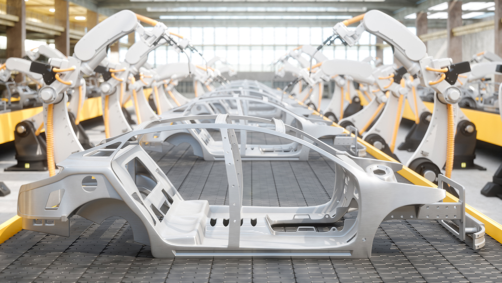 Industrial Robots At The Automatic Car Manufacturing Factory Assembly Line.