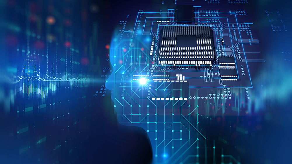 Silhouette of virtual human on circuit pattern technology 3d illustration.