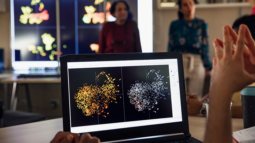 A close up of a laptop screen can be seen depicting a scientific image. A similar image is repeated on large screens towards the back of the photograph. A pair of hands can be seen in the foreground and there are some students in the background who are out of focus.