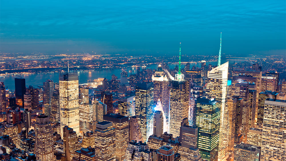 The bright, New York City skyline at dusk