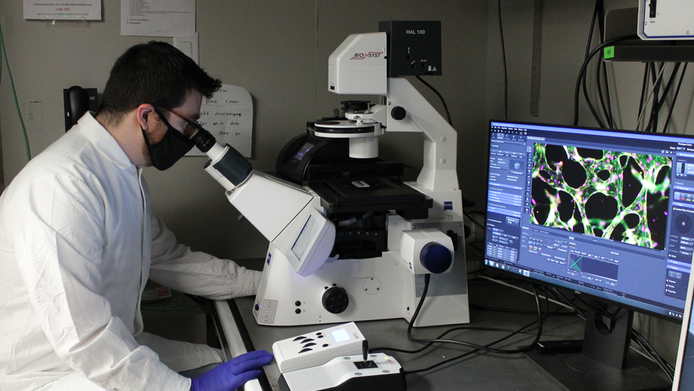 Student looks at microscope in lab. He is wearing personal protective equipment