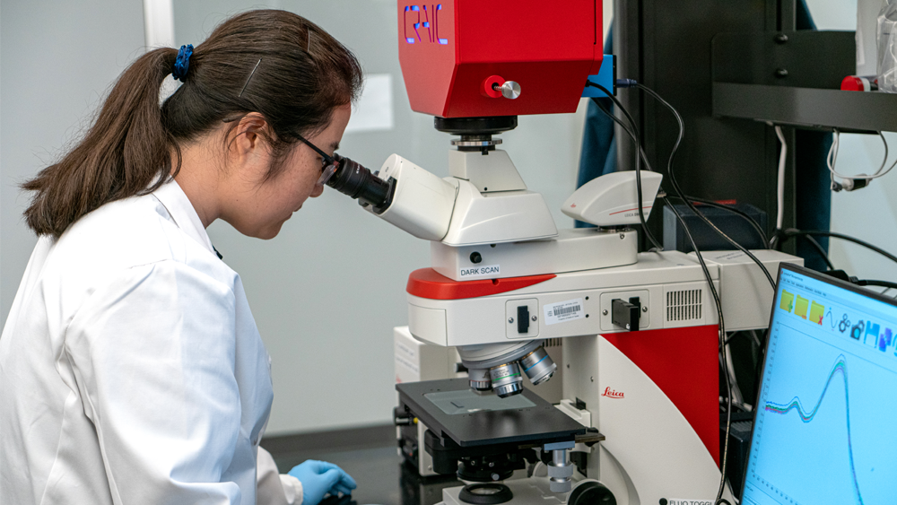 Professor looking in microscope in lab