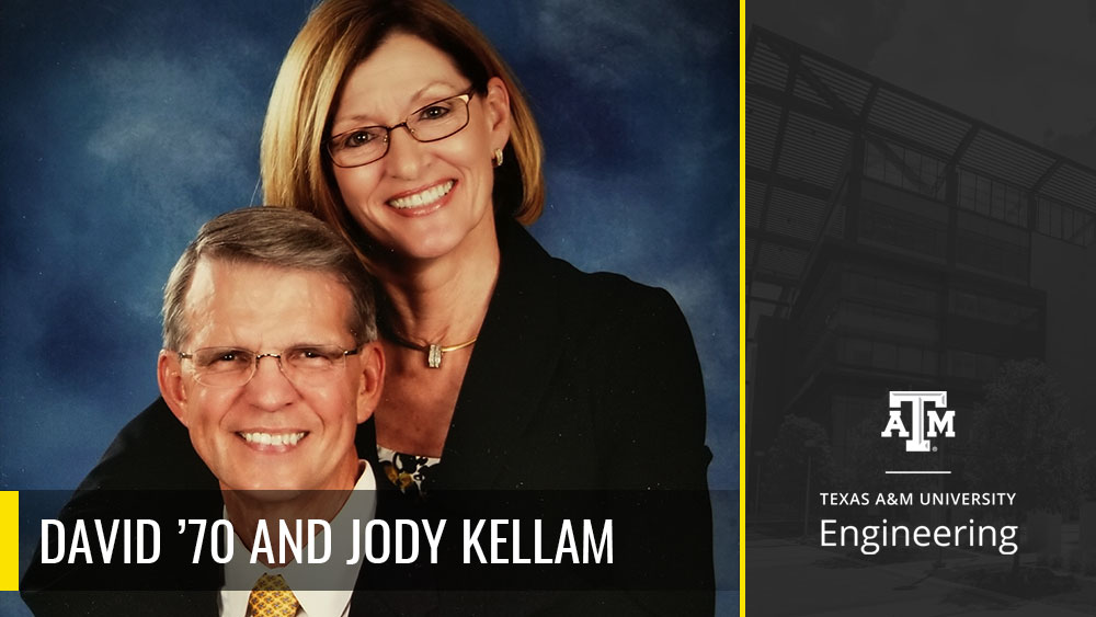 David and Jody Kellam in front of a blue backdrop with the words "David '70 and Jody Kellam" over their photo.