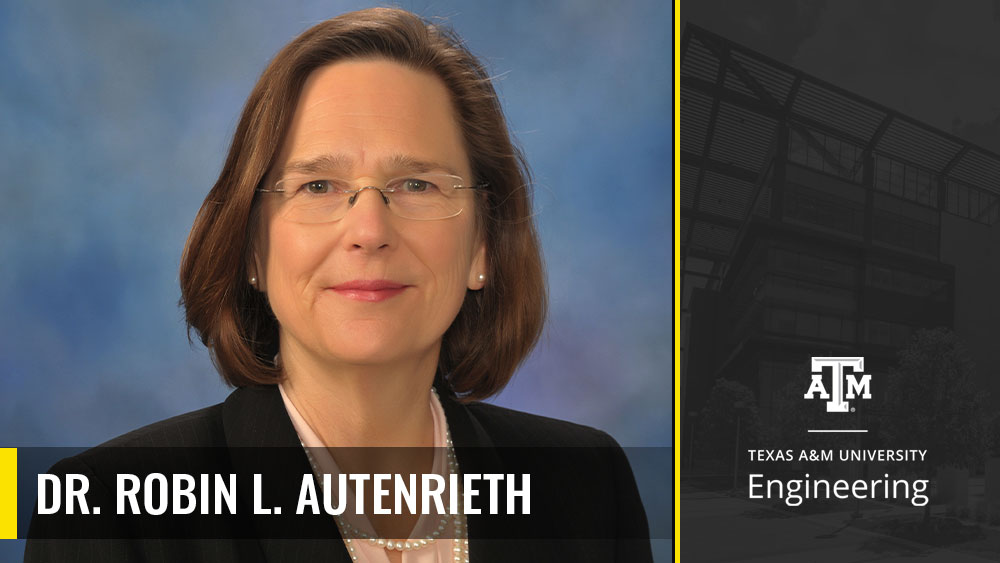 Dr. Robin L. Autenrieth posing for a headshot with a blue background behind her. 