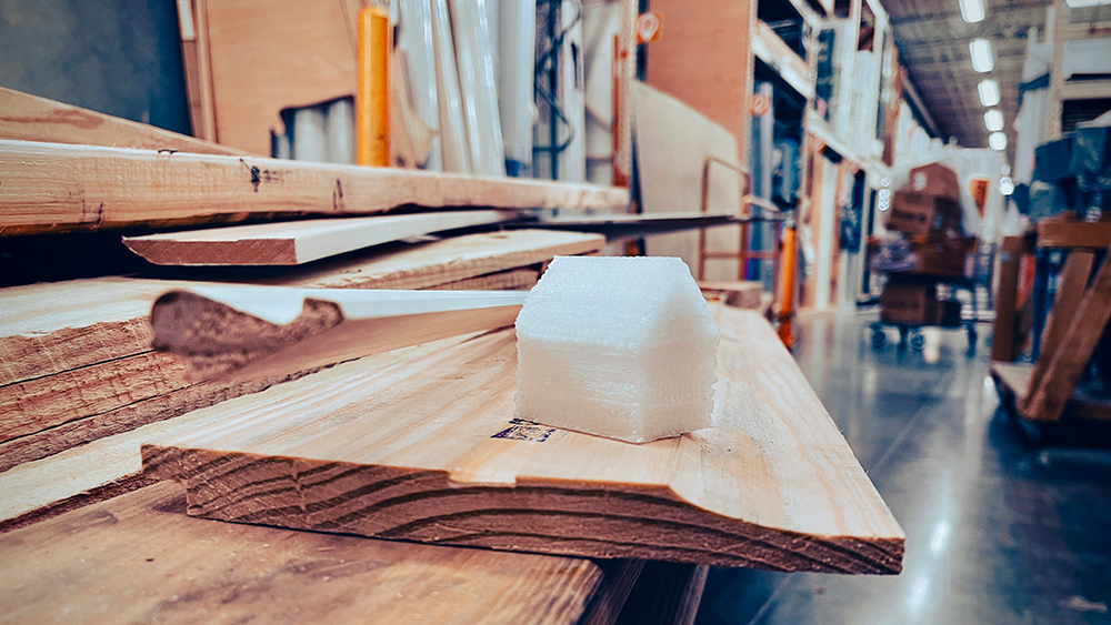 A 3D printed house-shaped model sits atop a pile of lumber.