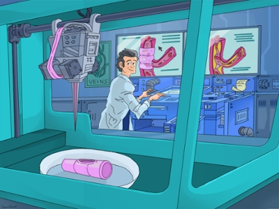 A cartoon showing a male scientist working in a lab. He is looking at a 3D printer that is printing a bio fabricated device. Behind the scientist is a screen showing that the device is meant to be placed around a blood vessel.