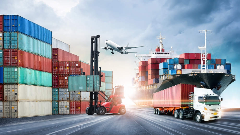 Graphic of a supply chain network with a shipyard, cargo truck, and airplane.