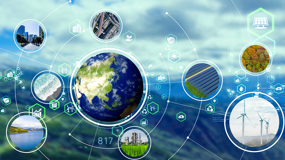 Abstract image of a world surrounded by renewable energy resources.