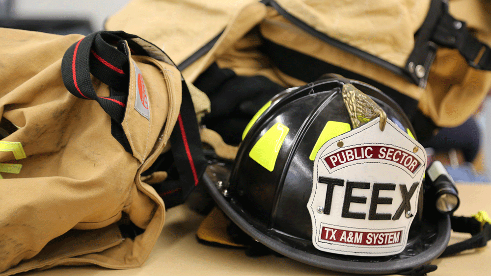 Firefighting gear with a helmet.