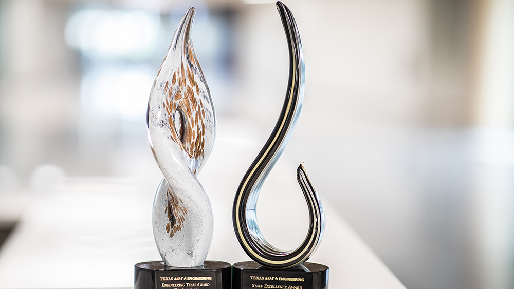 Two staff award trophies on a table