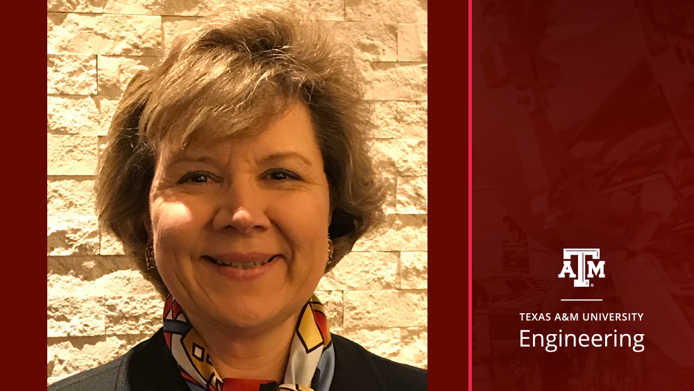 Martha Bellens-Martin's headshot. Next to the image is a maroon bar with the words Texas A&M University Engineering