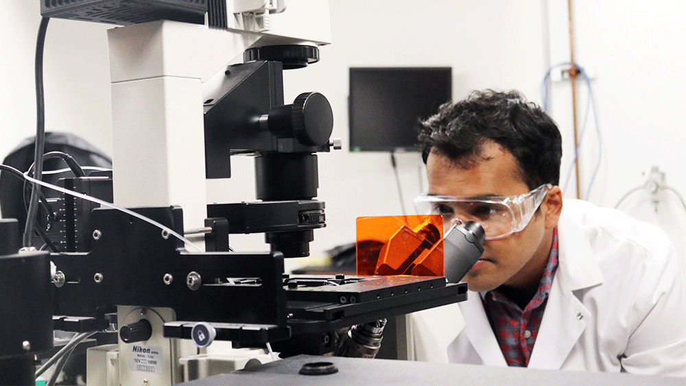 Graduate student using a microscope