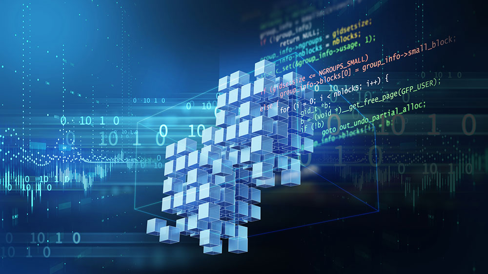 3D illustration of blockchain network with cubes and lines of colorful computer code.