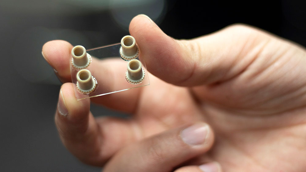 hand holding a one-inch rectangle made of two thin clear-glass plates sandwiching an invisible two-nanometer diameter channel and sporting four glued-on short plastic tubes