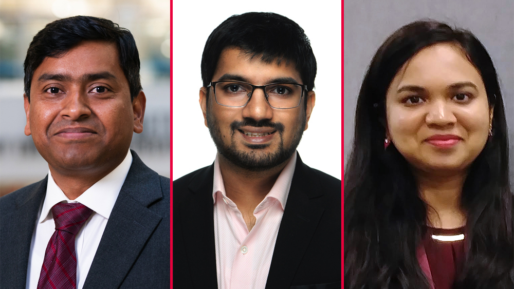 Dr. Faruque Hasan (left) and two former Texas A&M students, Akhilesh Gandhi (middle) and Dr. Manali Zantye (right)