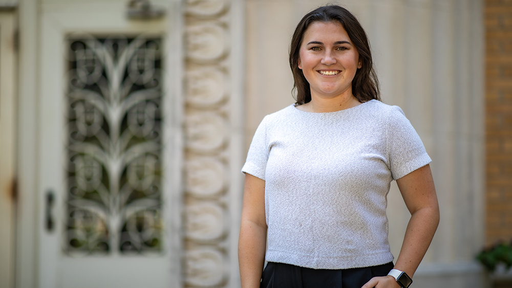 Jordan Hillis in front of nuclear engineering building on Texas A&M campus