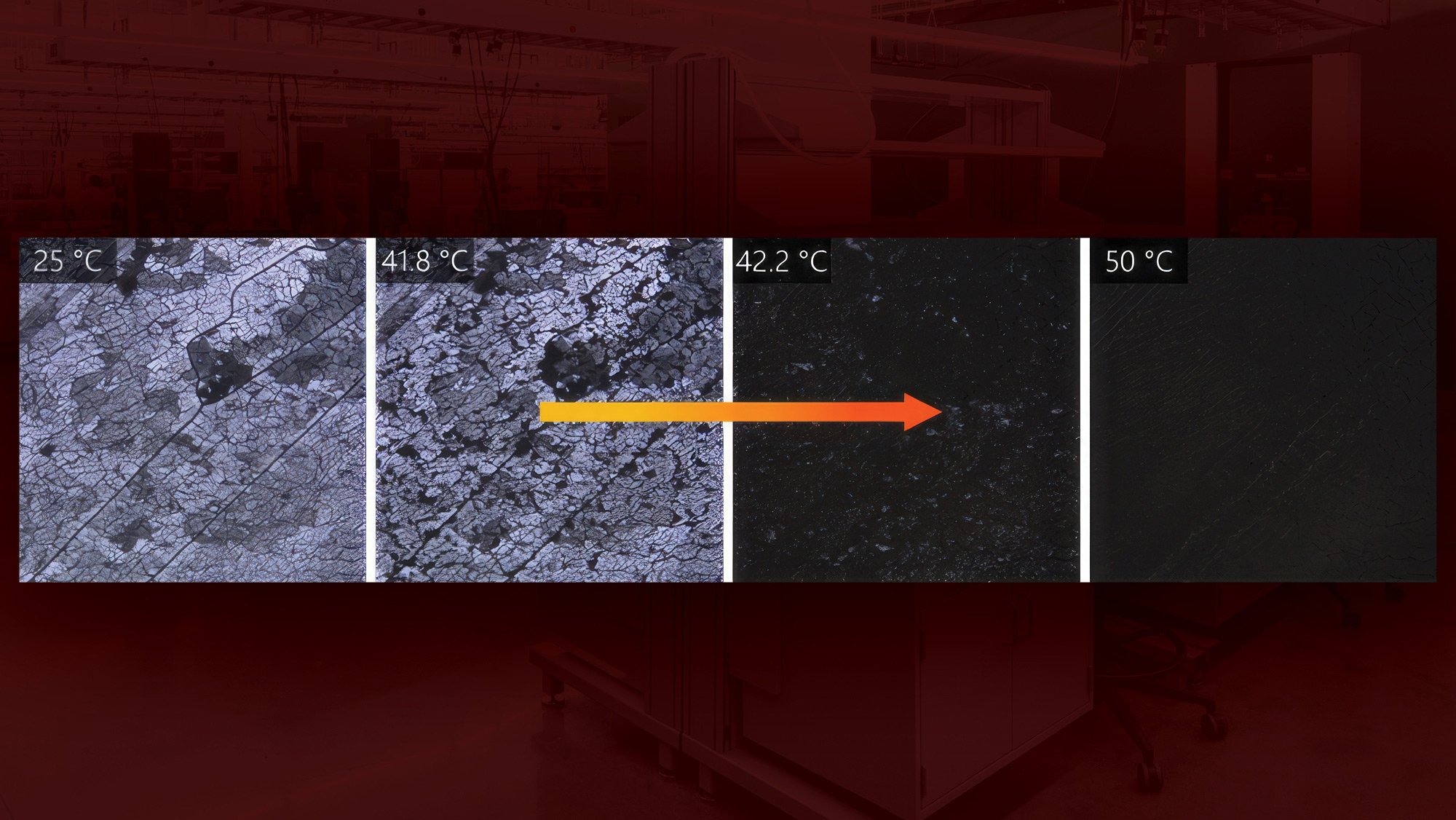 Evolution of the microstructure of a pressure-tunable thermal energy storage material (a plastic crystal) upon heating from 25 to 50 C illustrating the formation of rotationally disordered domains along grain boundaries occurring between 41.8 to 42.2 C.