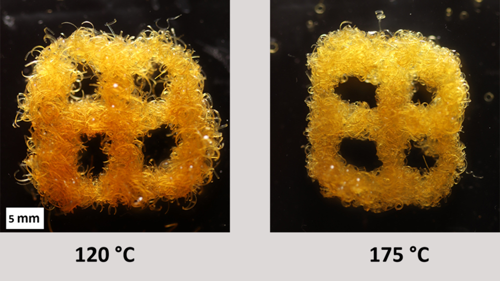 A four-square structure constructed of loosely twisted polymer ribbons at 120º Celsius, then the same structure at 175º Celsius more tightly wound together.