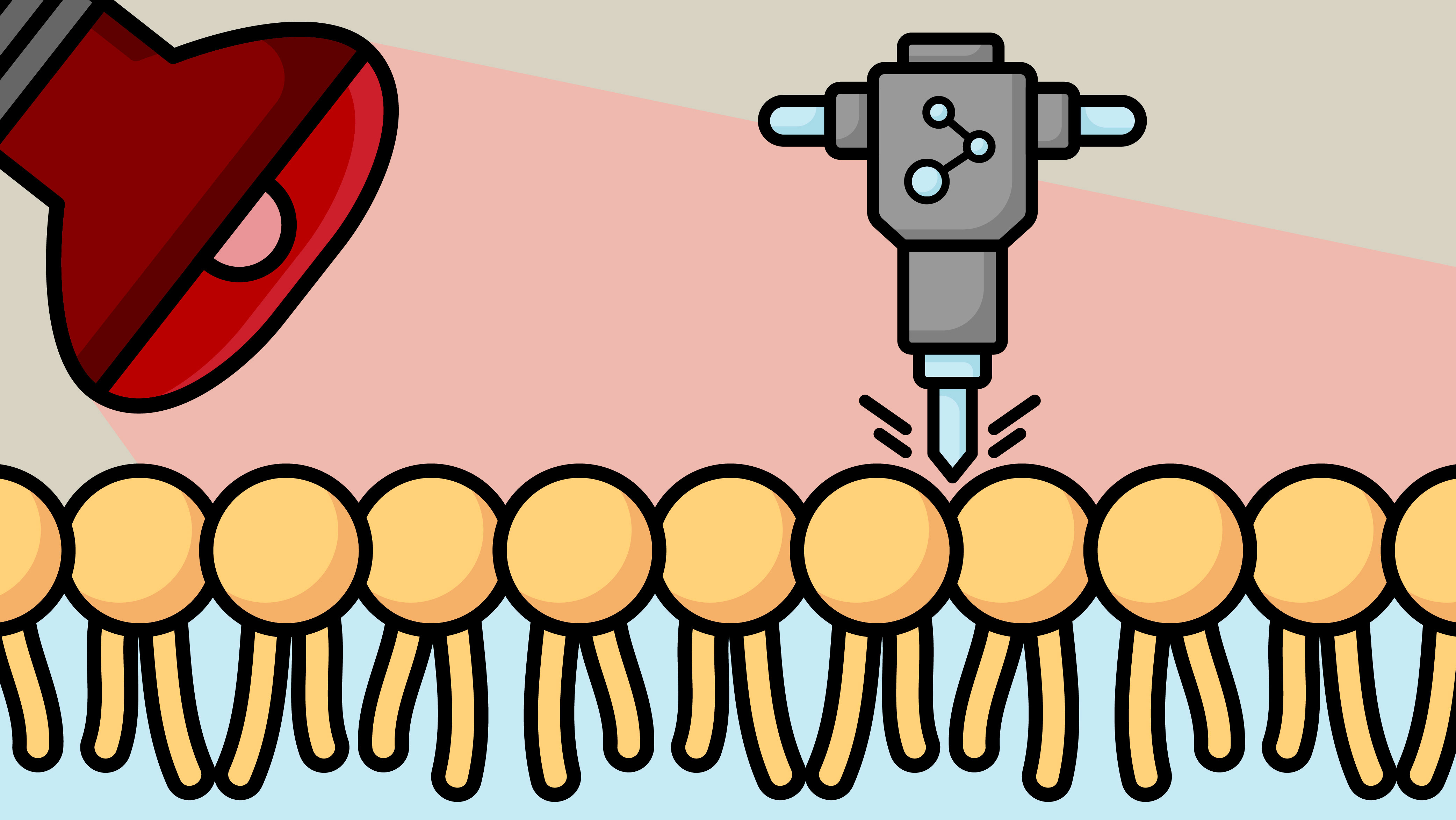 An illustration of a jackhammer and cancer cells with a NIR lamp. 