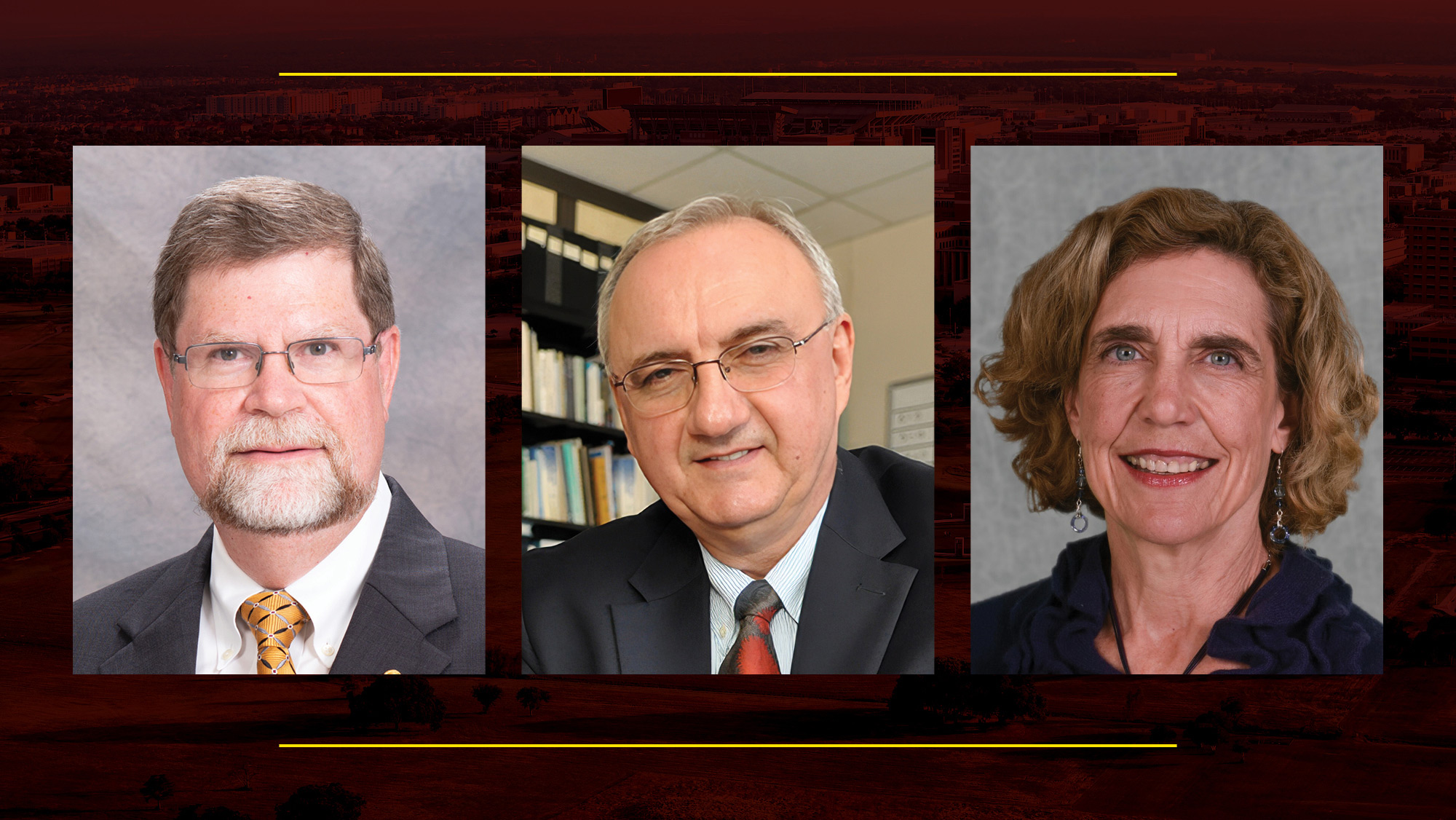 Image of Dr. Robert Ambrose, Dr. Mladen Kezunovic and Dr. Frances Ligler on a maroon background.