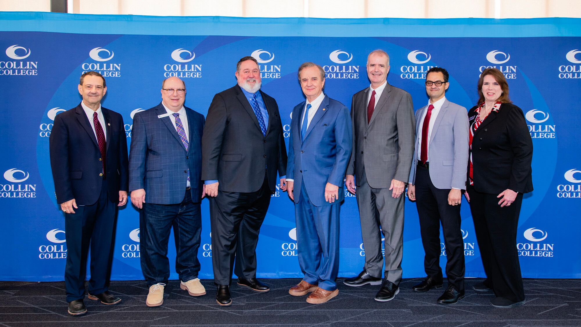 From left to right: Collin College Executive Vice President Dr. Bill King; Collin College Board of Trustees Chair Andrew Hardin; Collin College District President Dr. Neil Matkin; Texas A&M University System Chancellor John Sharp; Texas A&M Provost Dr. Alan Sams; Texas A&M Engineering Interim Vice Chancellor and Dean Dr. Joe Elabd; and Assistant Vice Chancellor for Academic and Outreach Programs Dr. Cindy Lawley.