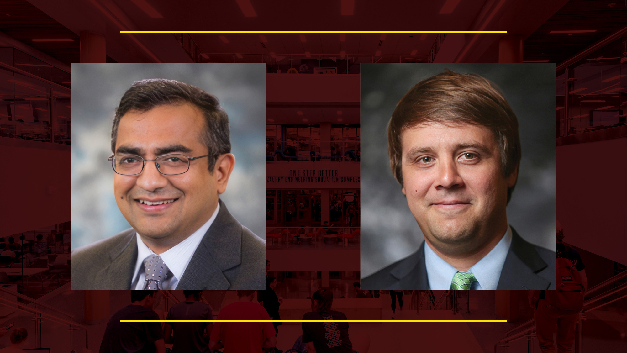 Two headshots of men in suits on a maroon background.