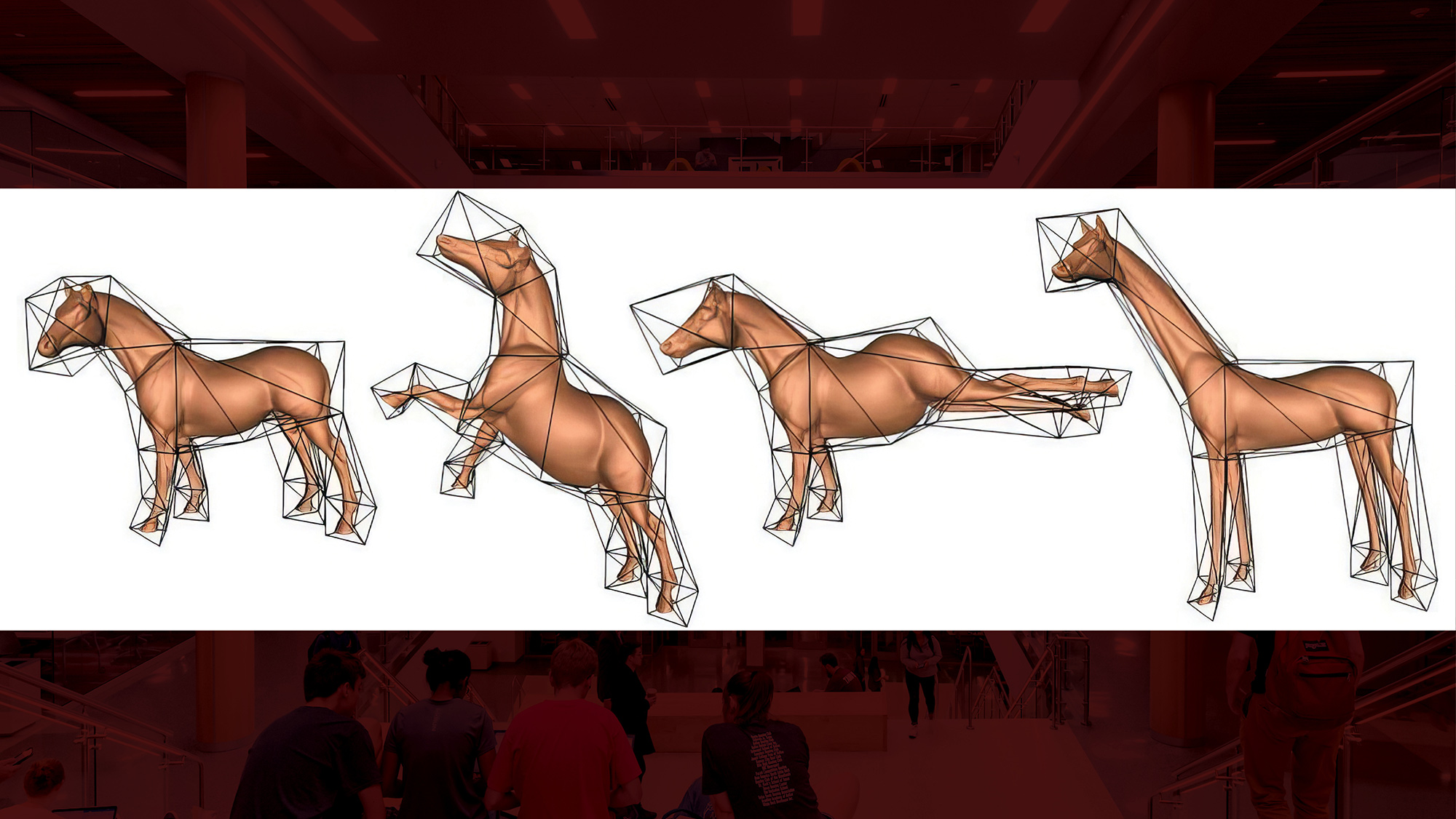 Four 3D horse illustrations. The horses are rust colored and enclosed in black lines. One horse is standing, one horse is on its back two legs, one horse is kicking, and one horse is standing and has an elongated neck. 