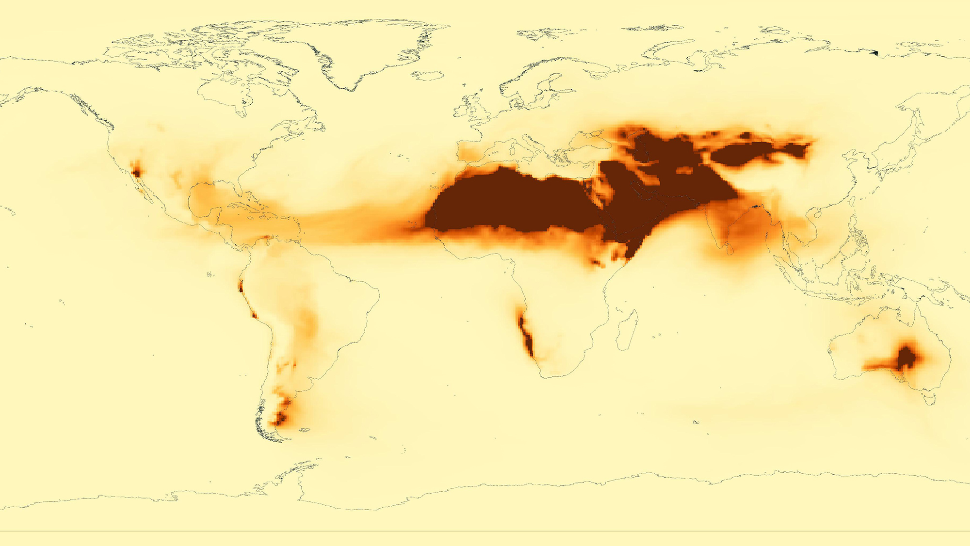 A map of the world showing dark and light spots where dust is present on a satellite image.