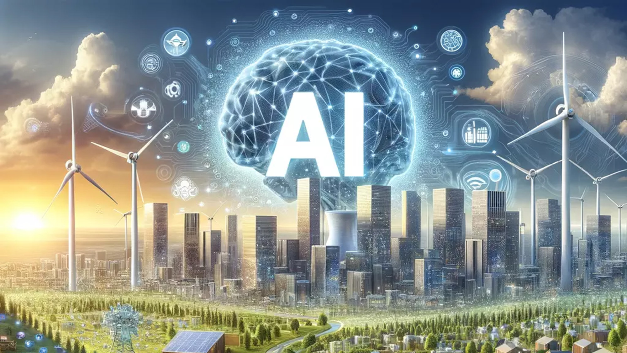 Illustration of a city surrounded by trees and houses, powered by wind turbines and solar panels. The letters "AI" are above the city in front of an illustrated brain.