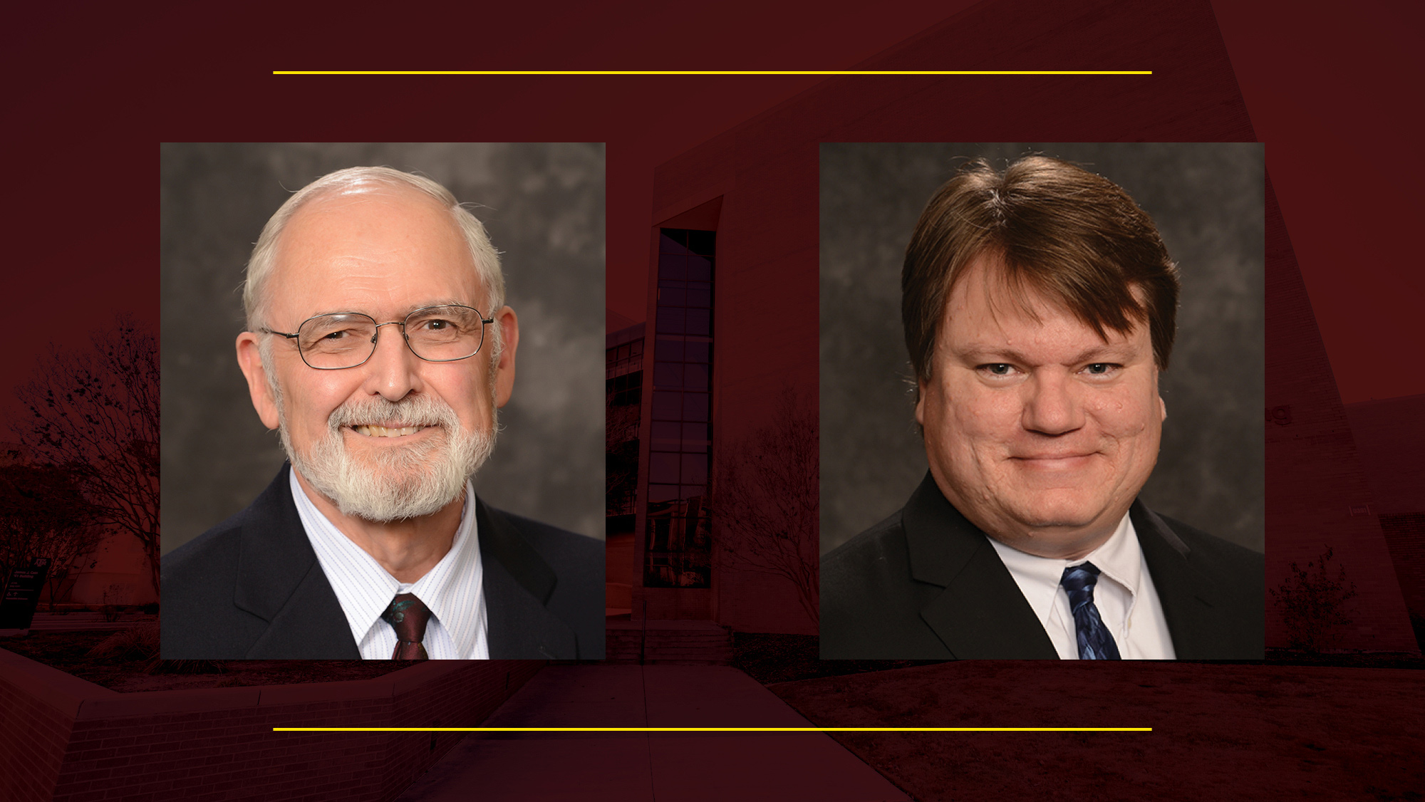 Headshots of two men on a maroon background.