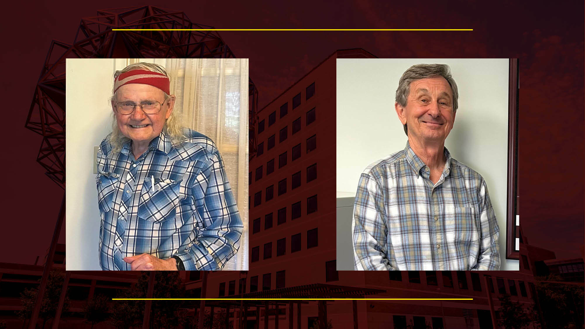 Two images of men smiling on a maroon background.