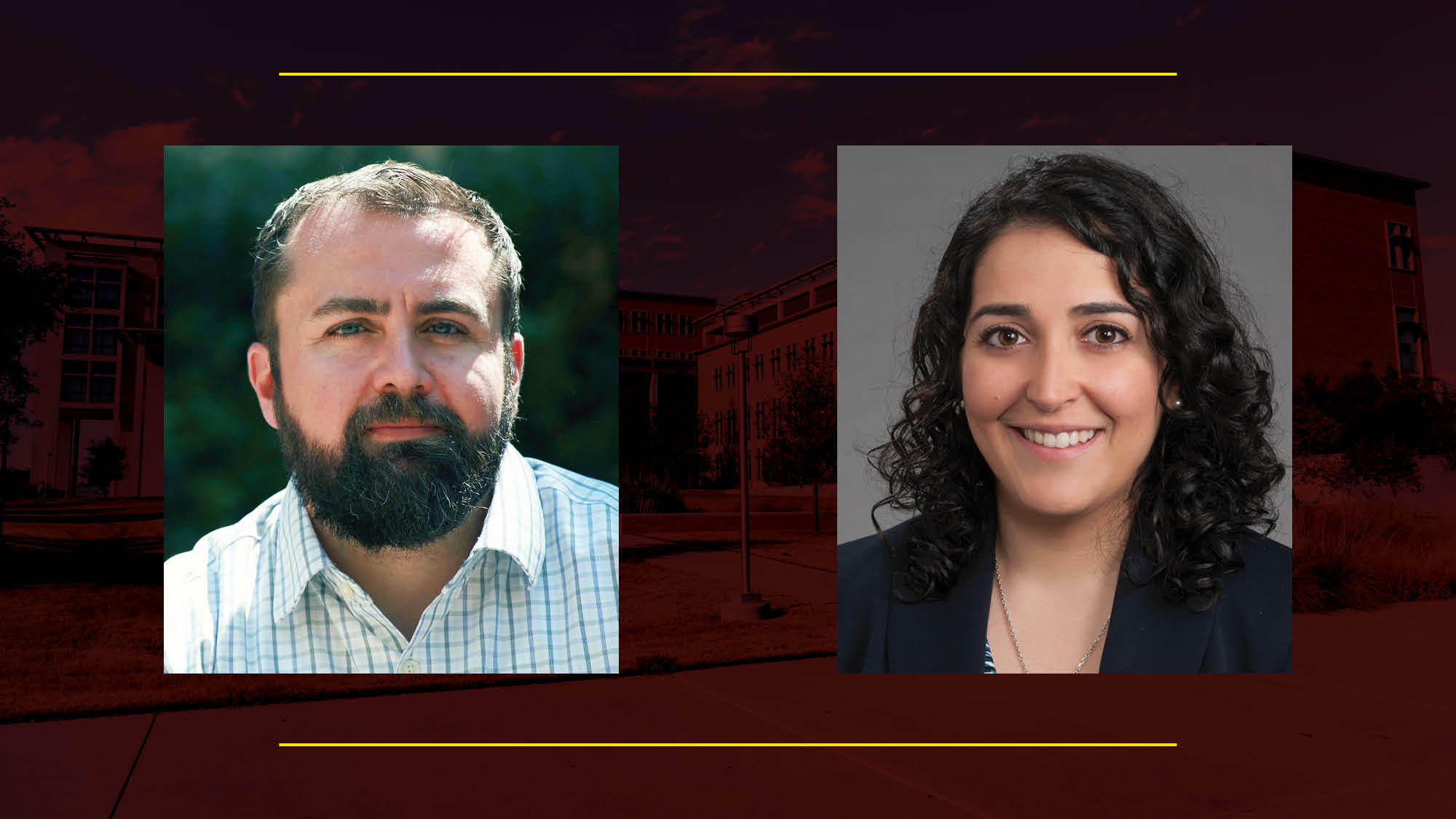 A headshot of a woman and man with a maroon background.