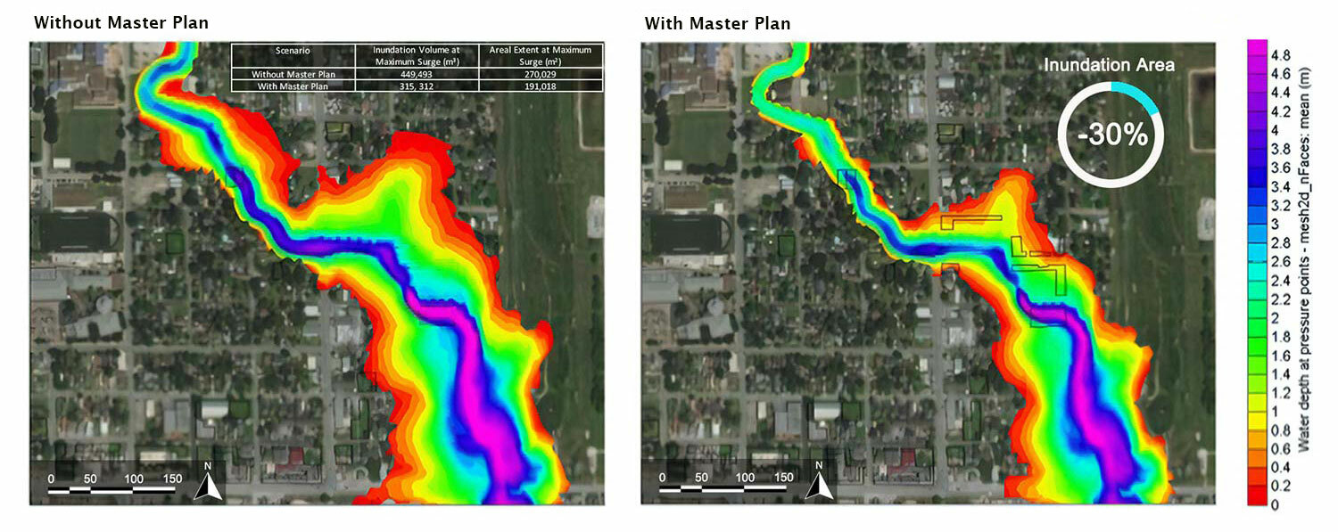 Two satellite view maps showing flood simulations in an urban area. Image on left says "Without Master Plan" and image on the right says "With Master Plan." It also says -30% inundation area on the right satellite image. On the far right shows numbers from 0 to 4.8 and "Water depth at pressure points - mesh2D)_nFaces: mean (m).